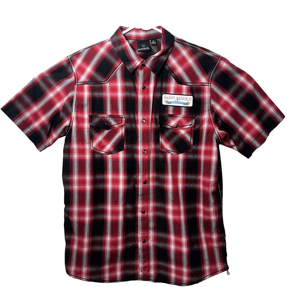 St. Arnold Patron Saint of Beer Mens XL Red Black Plaid SS Western Snap Shirt